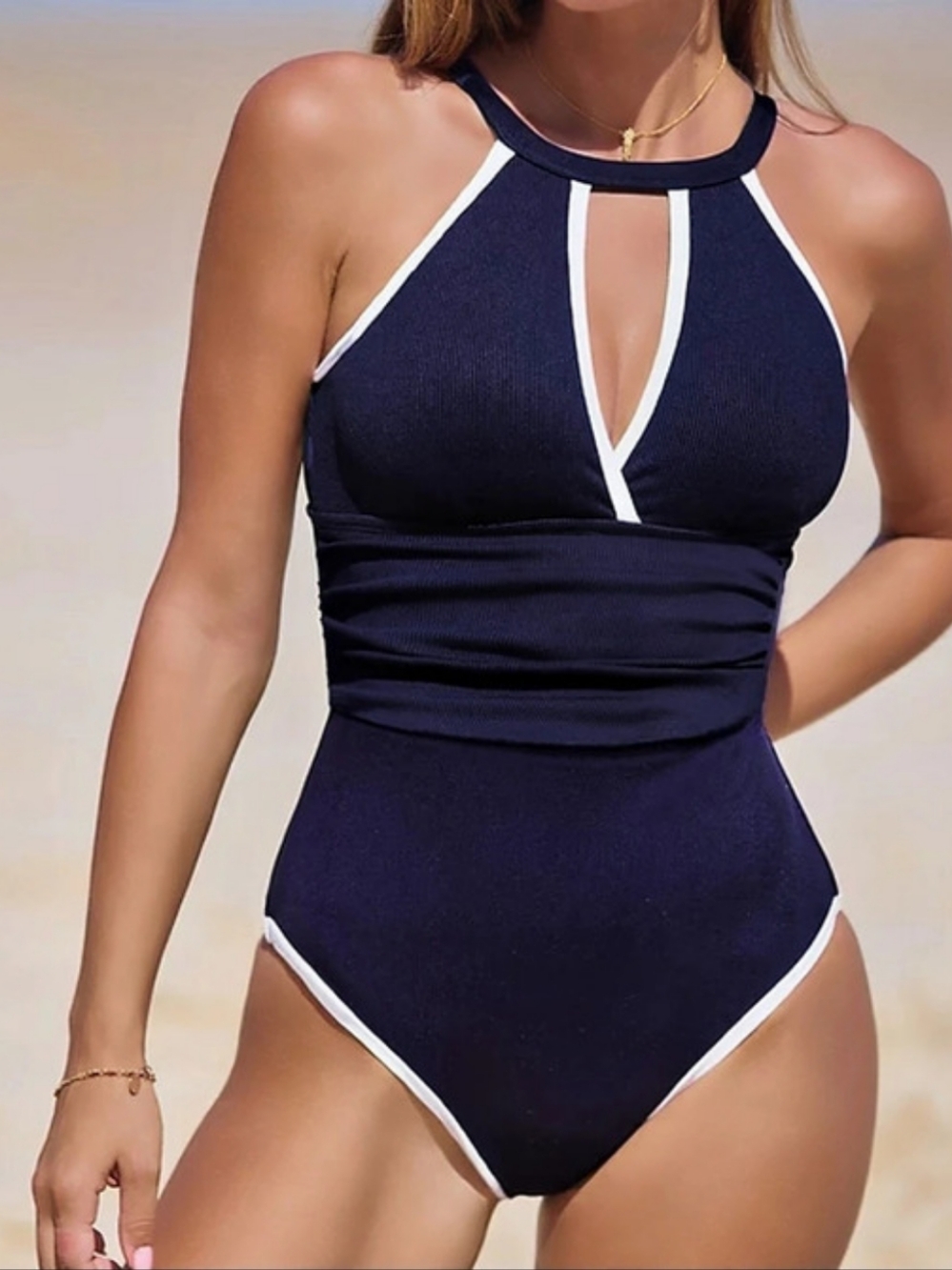 Keyhole One-Piece Swimsuit in Blue & White